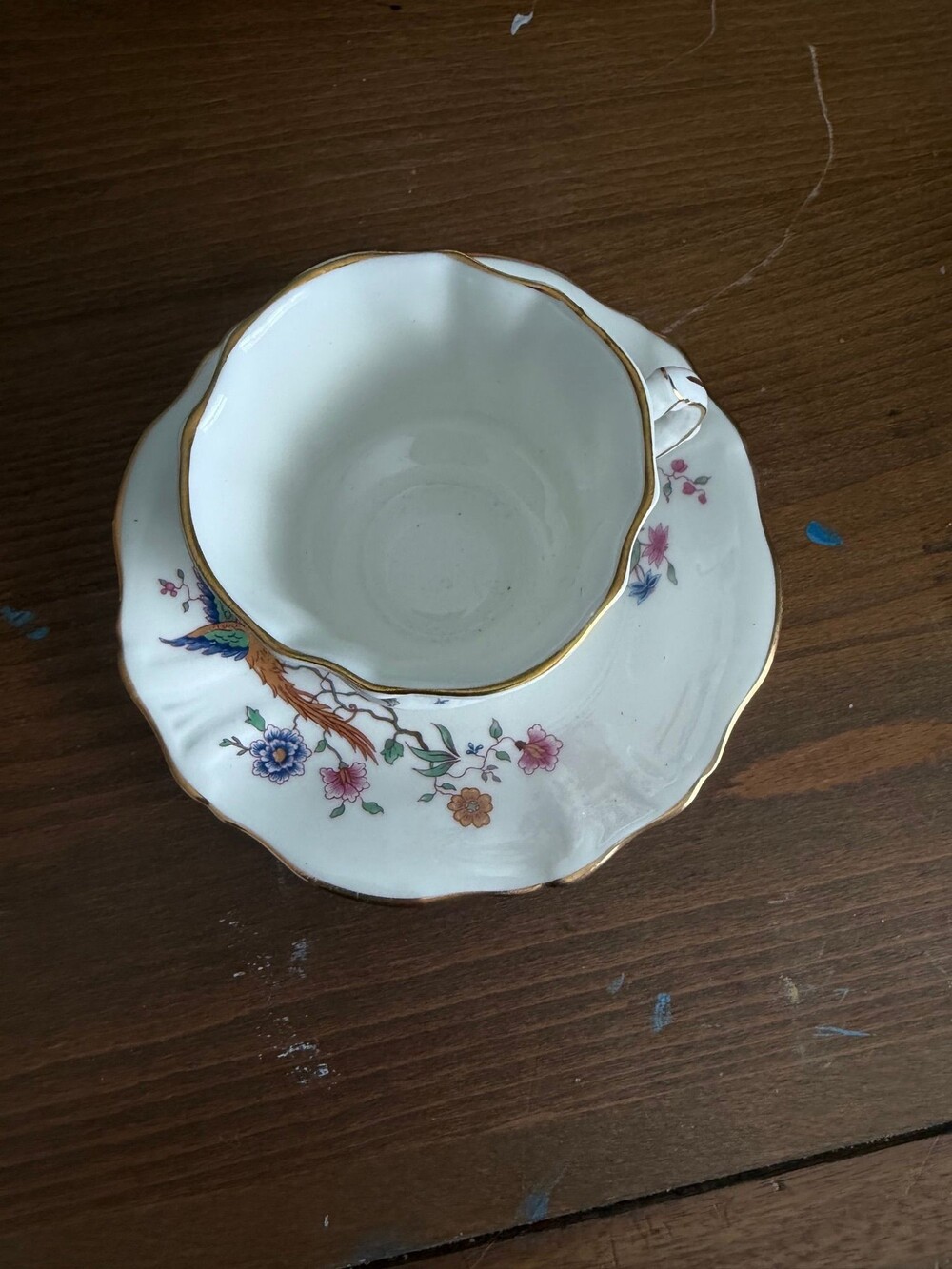 #42 Vintage Hammersley bone china Bird of Paradise pattern teacup and saucer.
